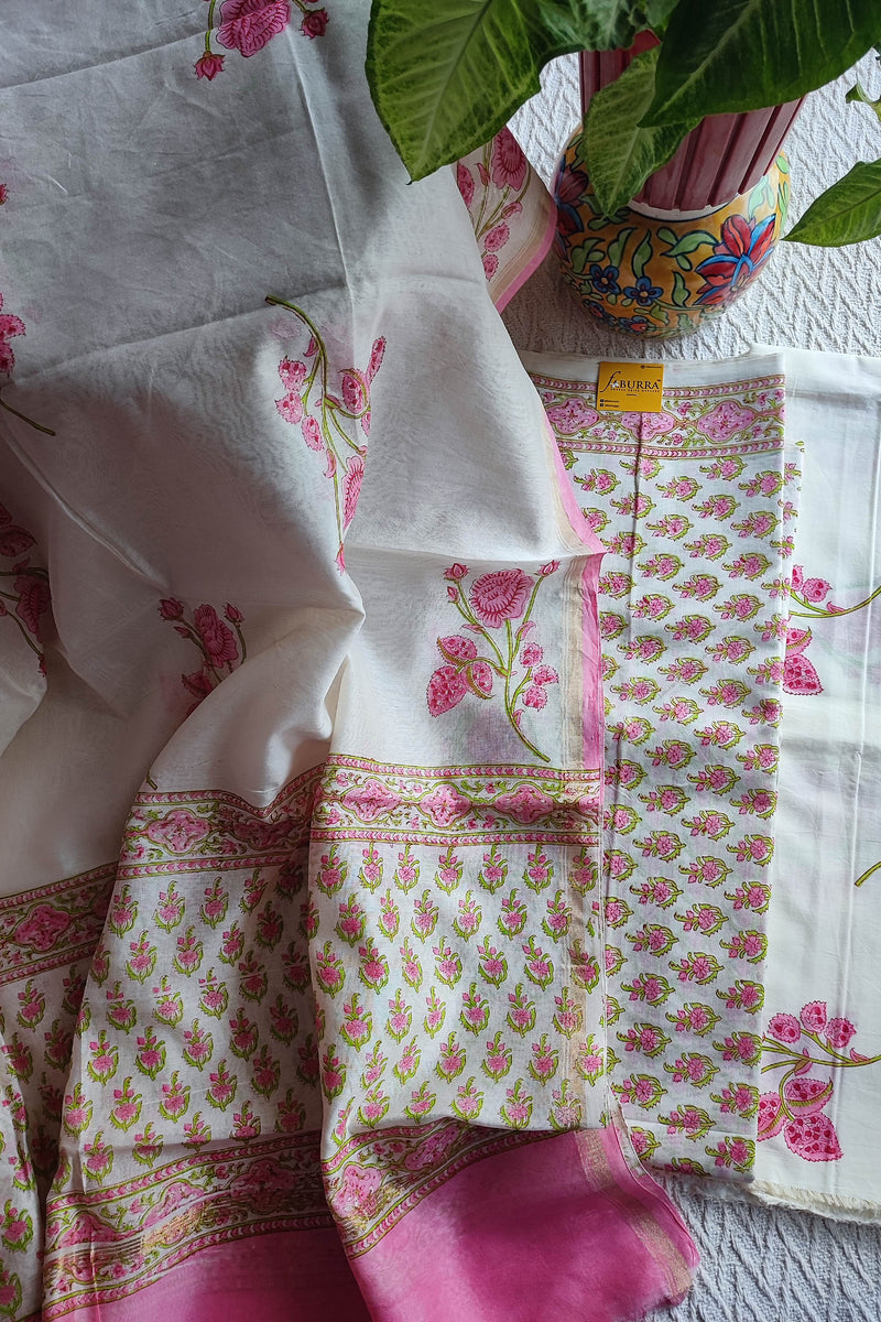 White & Pink Chanderi Silk Suit Material with Floral Dupatta | Unstitched Material