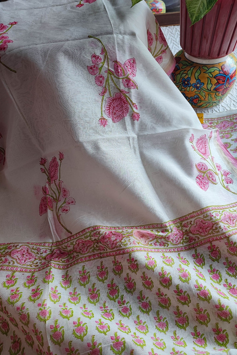 White & Pink Chanderi Silk Suit Material with Floral Dupatta | Unstitched Material