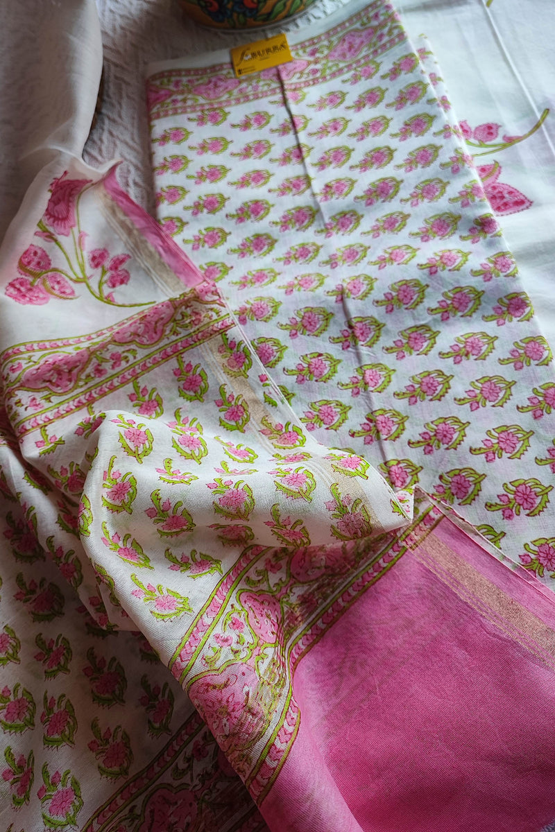 White & Pink Chanderi Silk Suit Material with Floral Dupatta | Unstitched Material