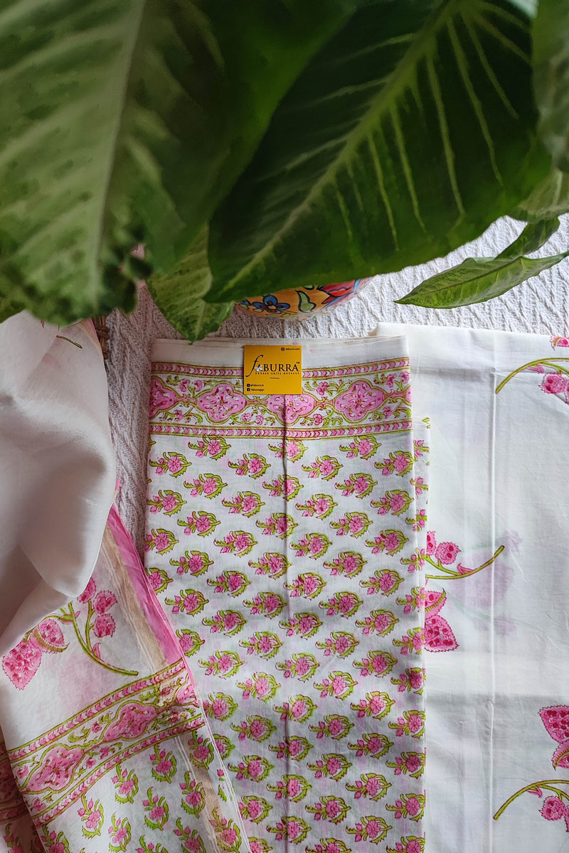White & Pink Chanderi Silk Suit Material with Floral Dupatta | Unstitched Material