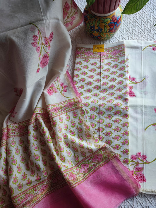 White & Pink Chanderi Silk Suit Material with Floral Dupatta | Unstitched Material