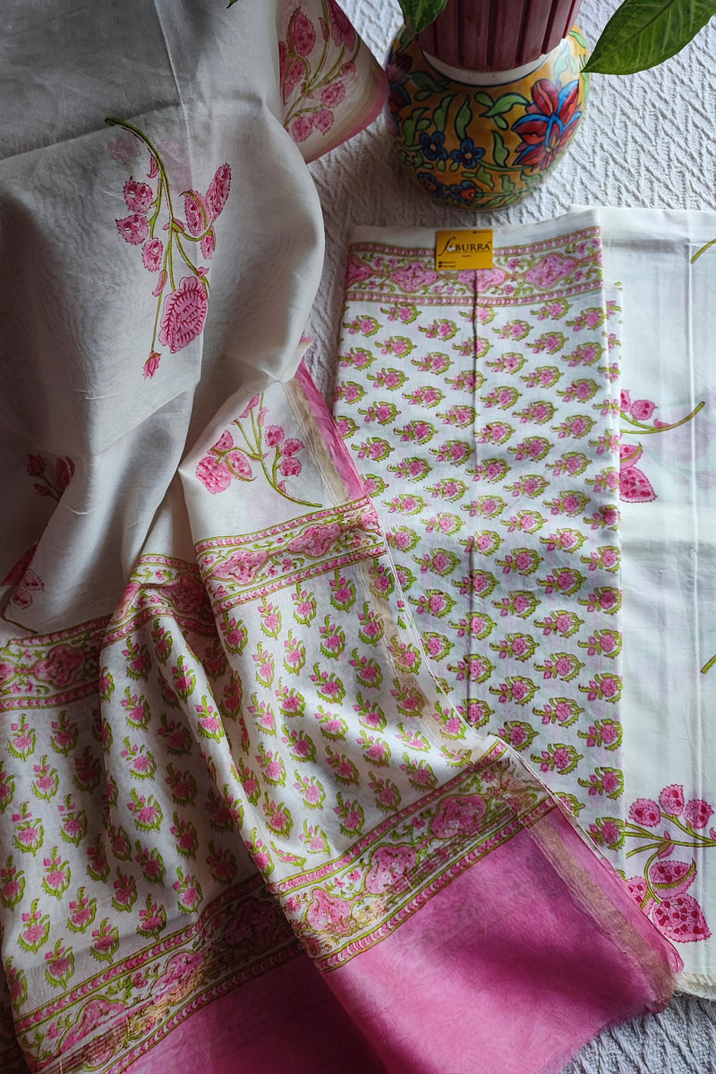 White & Pink Chanderi Silk Suit Material with Floral Dupatta | Unstitched Material