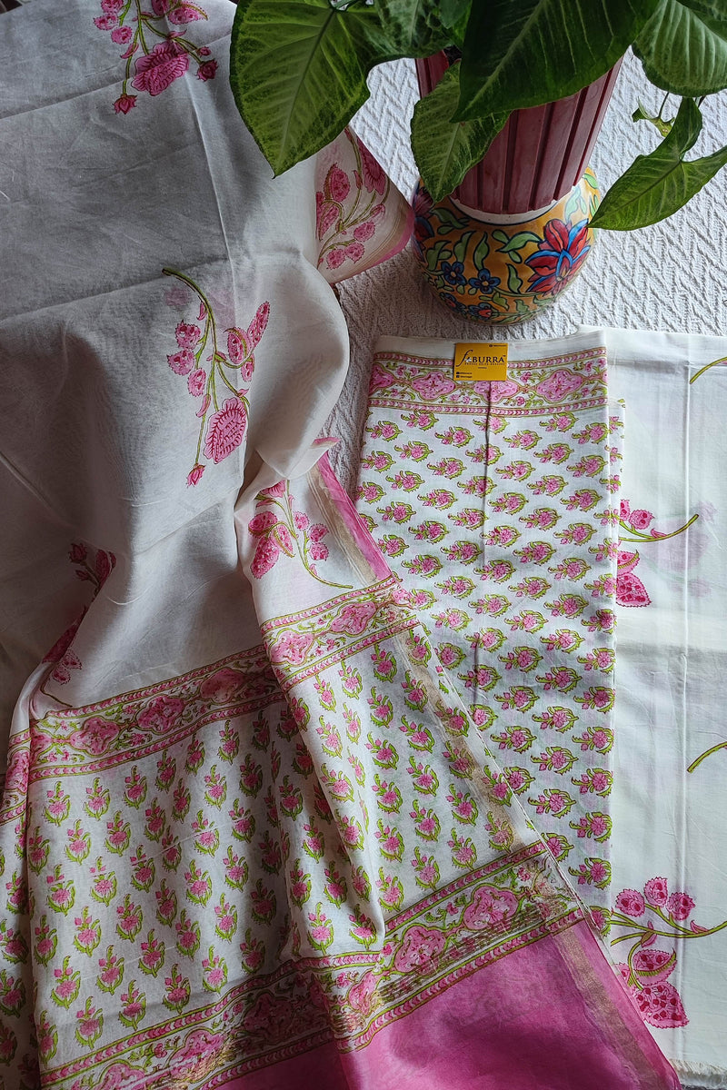 White & Pink Chanderi Silk Suit Material with Floral Dupatta | Unstitched Material