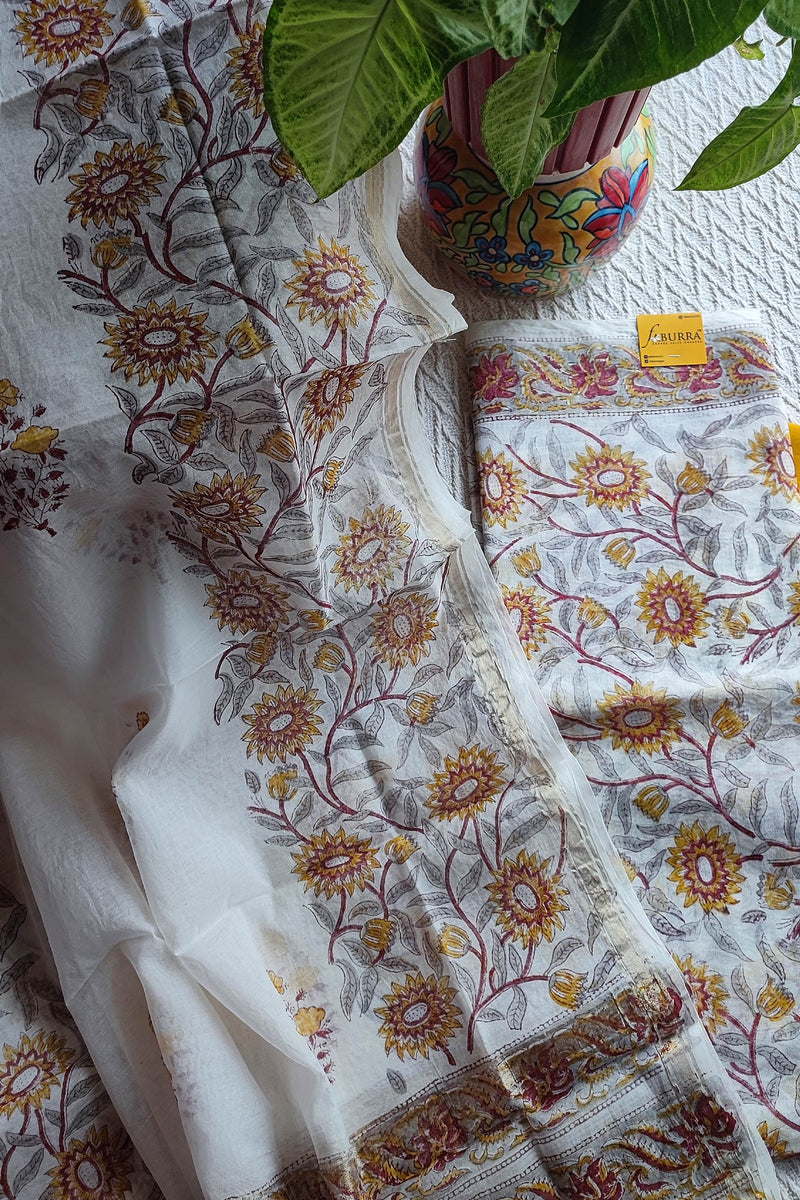 White Chanderi Silk Suit Material with Mustard Floral Print &  Dupatta