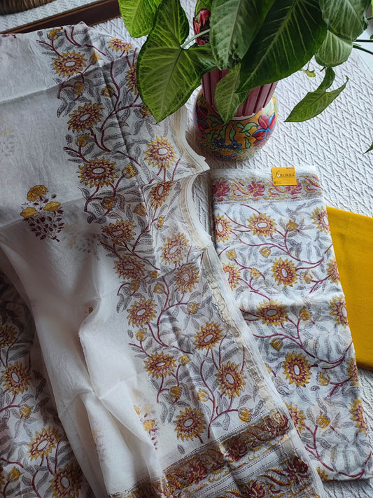 White Chanderi Silk Suit Material with Mustard Floral Print &  Dupatta