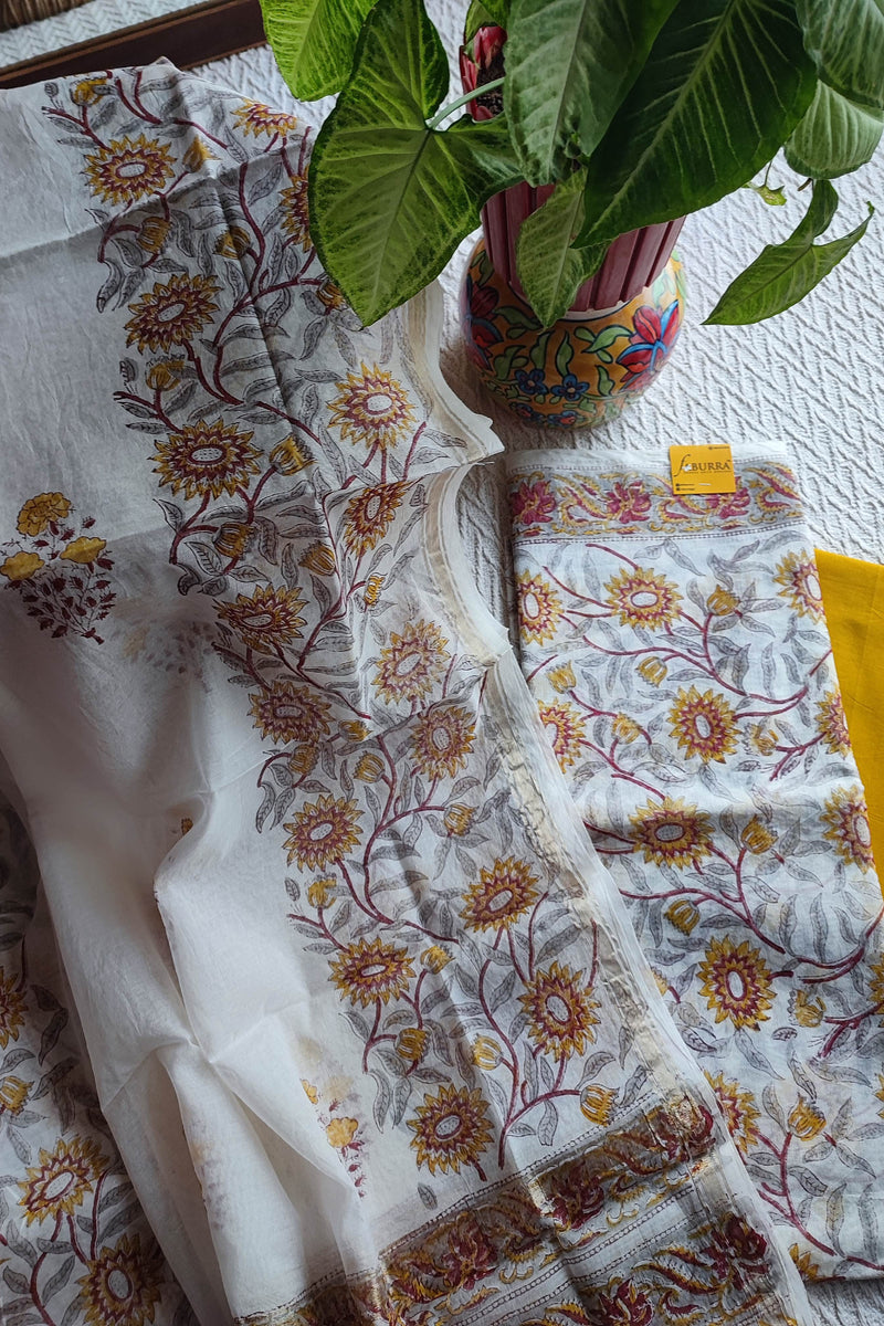 White Chanderi Silk Suit Material with Mustard Floral Print &  Dupatta