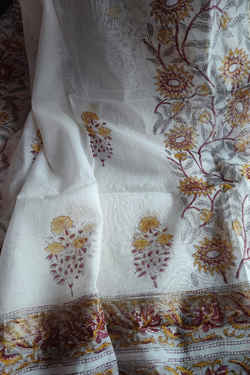White Chanderi Silk Suit Material with Mustard Floral Print &  Dupatta