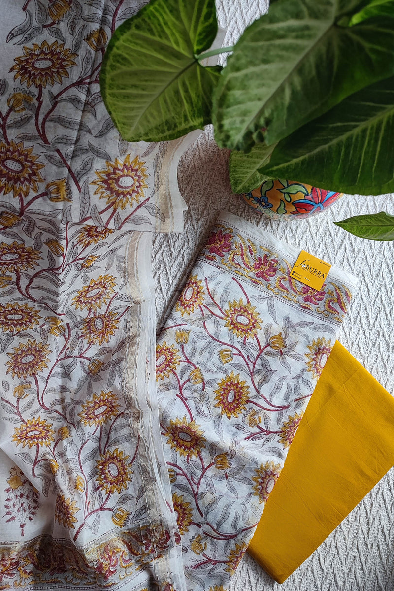 White Chanderi Silk Suit Material with Mustard Floral Print &  Dupatta