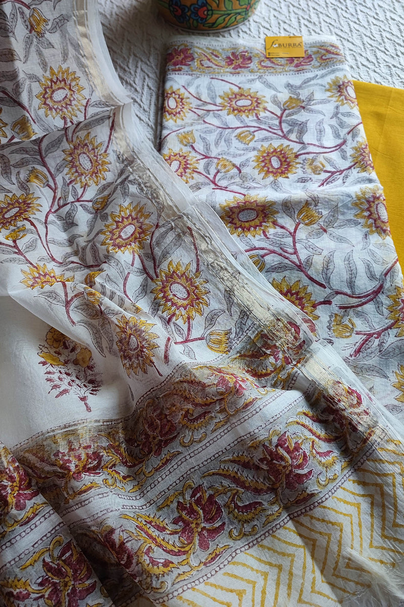White Chanderi Silk Suit Material with Mustard Floral Print &  Dupatta
