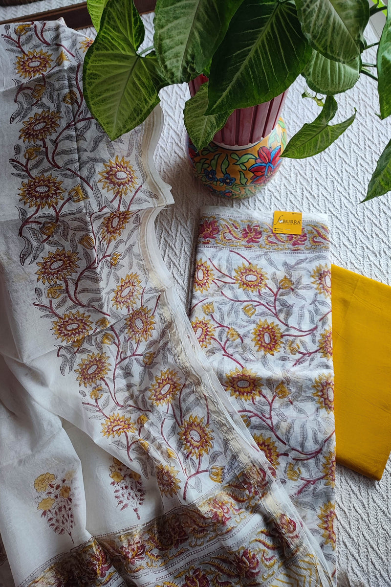 White Chanderi Silk Suit Material with Mustard Floral Print &  Dupatta