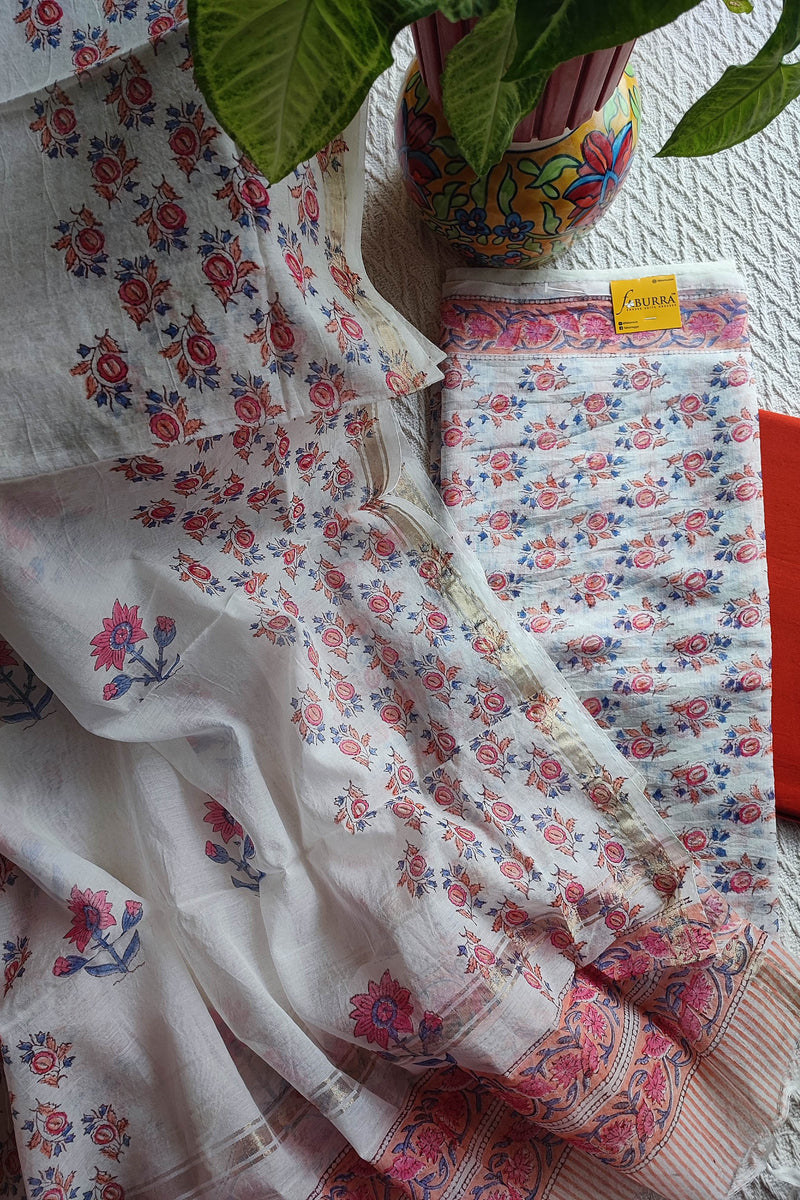 White Chanderi Silk Suit Material with Coral Floral Print & Dupatta