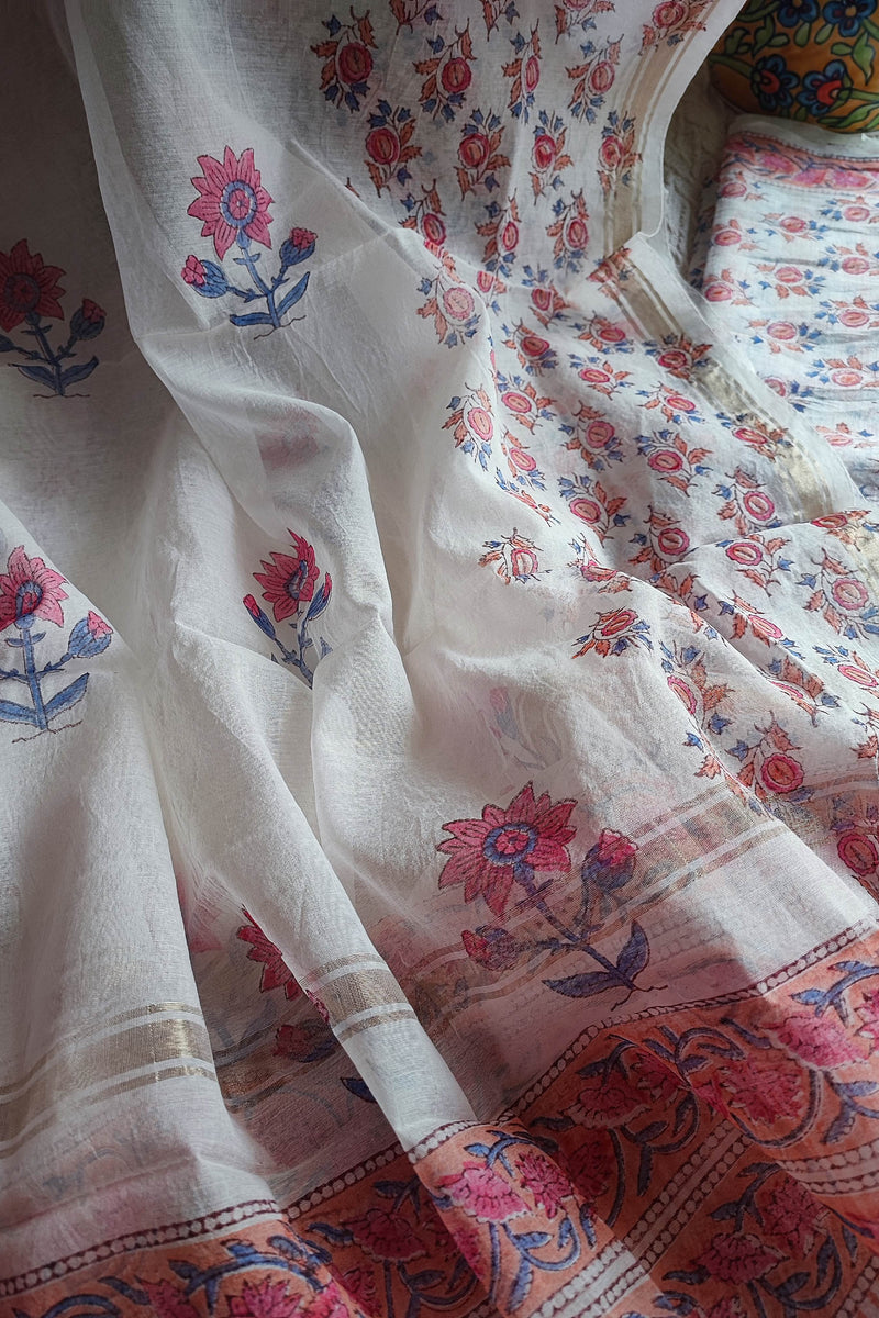 White Chanderi Silk Suit Material with Coral Floral Print & Dupatta