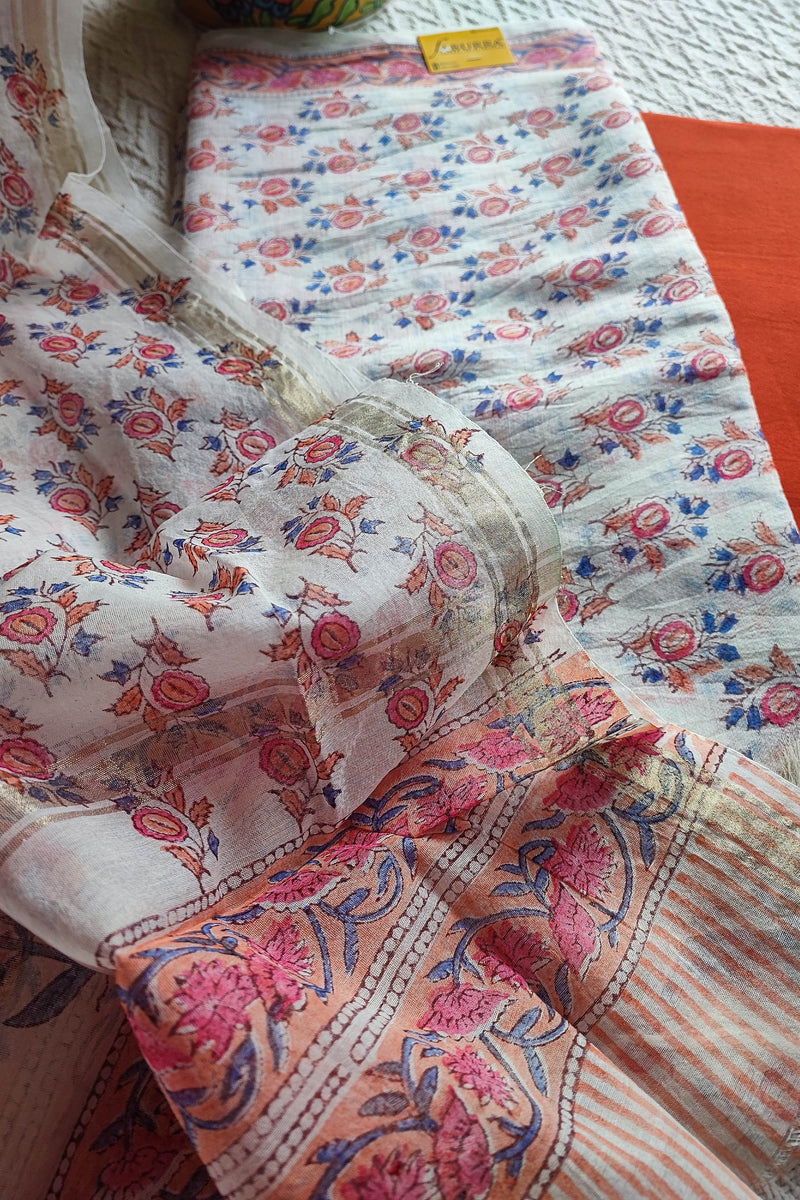 White Chanderi Silk Suit Material with Coral Floral Print & Dupatta