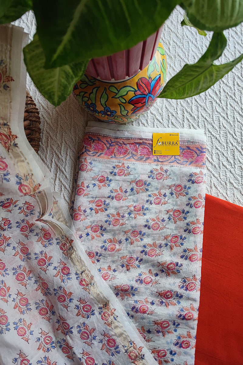 White Chanderi Silk Suit Material with Coral Floral Print & Dupatta