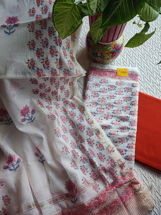 White Chanderi Silk Suit Material with Coral Floral Print & Dupatta