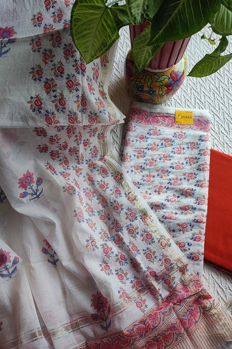 White Chanderi Silk Suit Material with Coral Floral Print & Dupatta