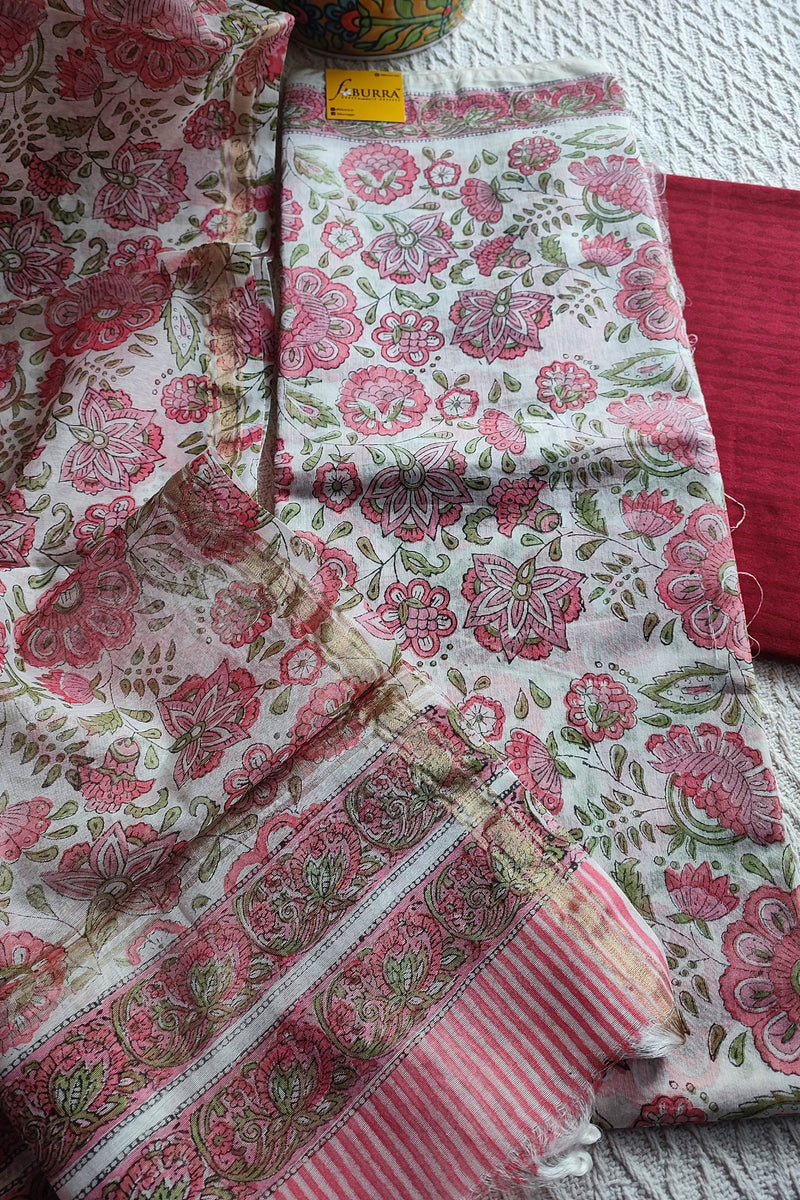 White Chanderi Silk Suit Material with Pink Floral Print & Chanderi Dupatta