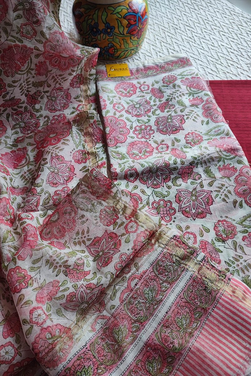 White Chanderi Silk Suit Material with Pink Floral Print & Chanderi Dupatta