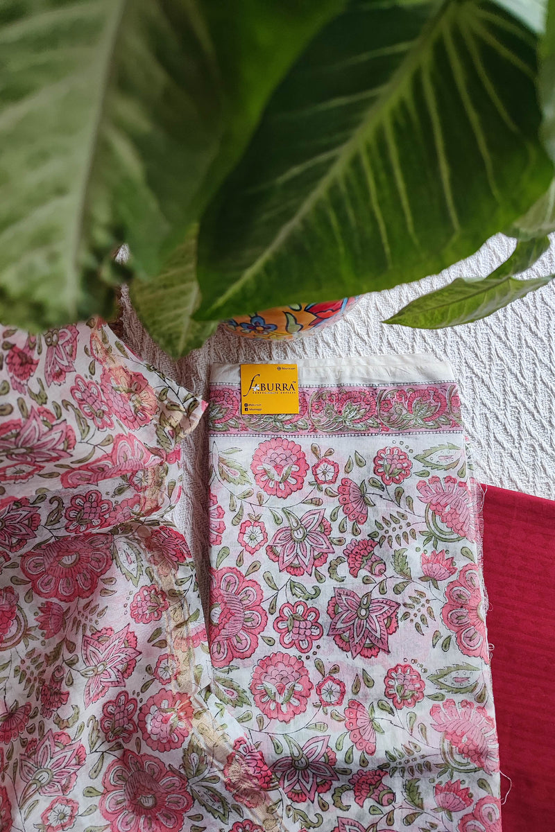 White Chanderi Silk Suit Material with Pink Floral Print & Chanderi Dupatta