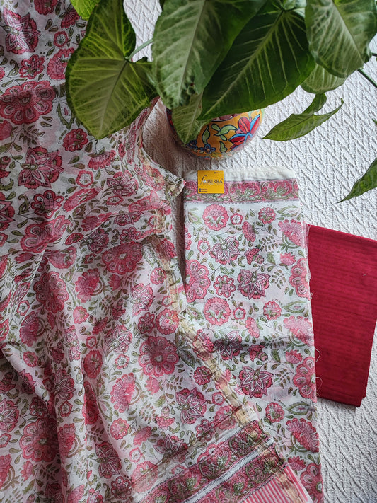 White Chanderi Silk Suit Material with Pink Floral Print & Chanderi Dupatta
