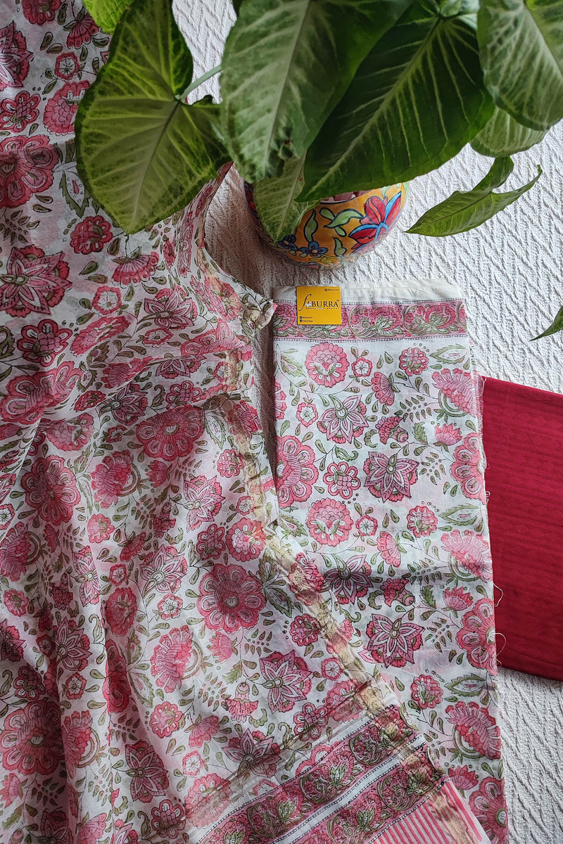 White Chanderi Silk Suit Material with Pink Floral Print & Chanderi Dupatta