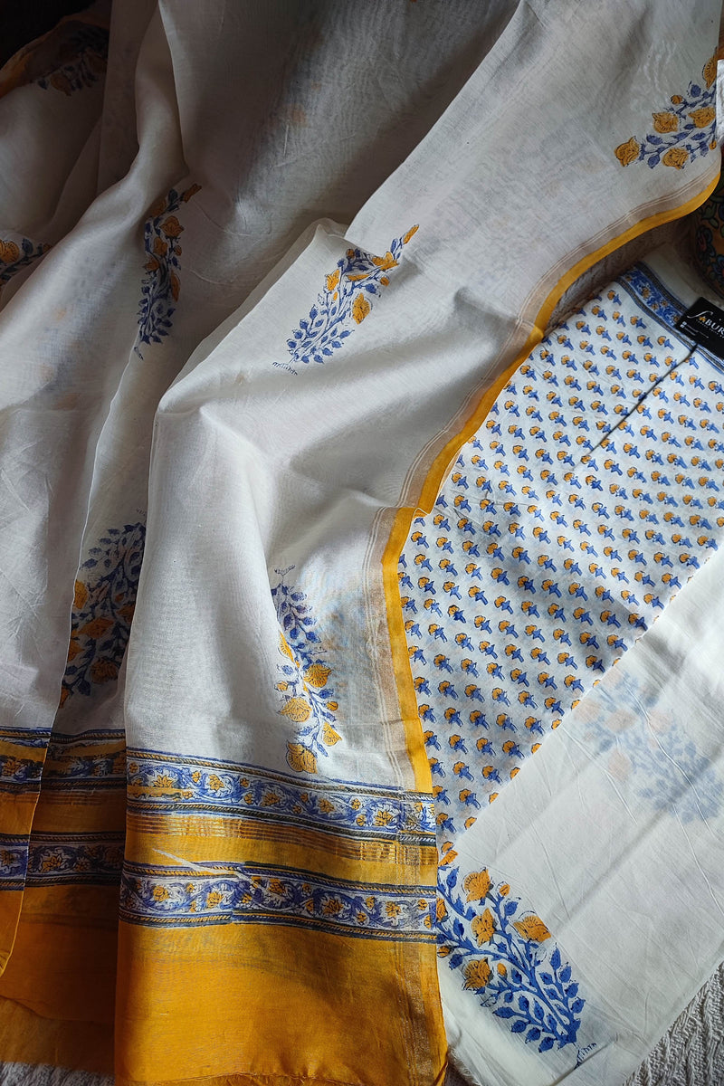 White Chanderi Silk Suit Material with Blue & Mustard Floral Print and Cotton Dupatta