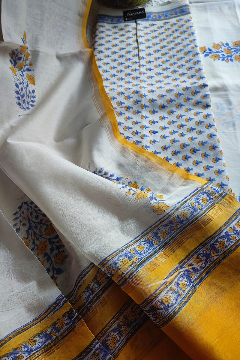White Chanderi Silk Suit Material with Blue & Mustard Floral Print and Cotton Dupatta