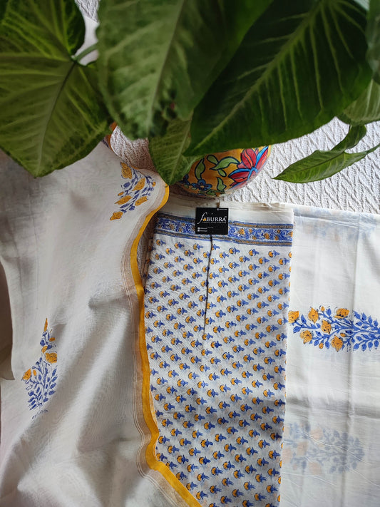 White Chanderi Silk Suit Material with Blue & Mustard Floral Print and Cotton Dupatta