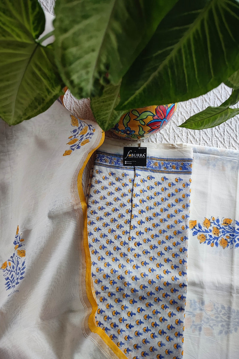 White Chanderi Silk Suit Material with Blue & Mustard Floral Print and Cotton Dupatta