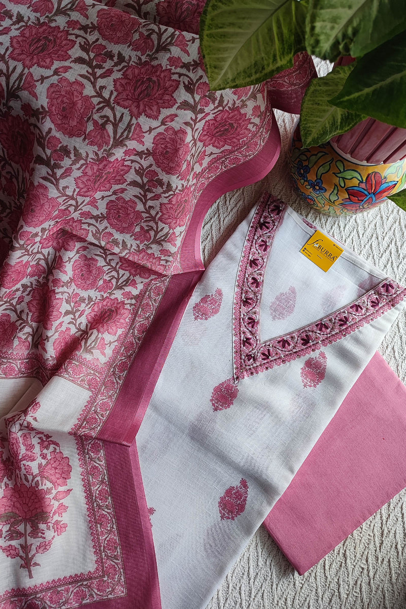 White cotton Suit Material with Pink Floral Print & Cotton Dupatta