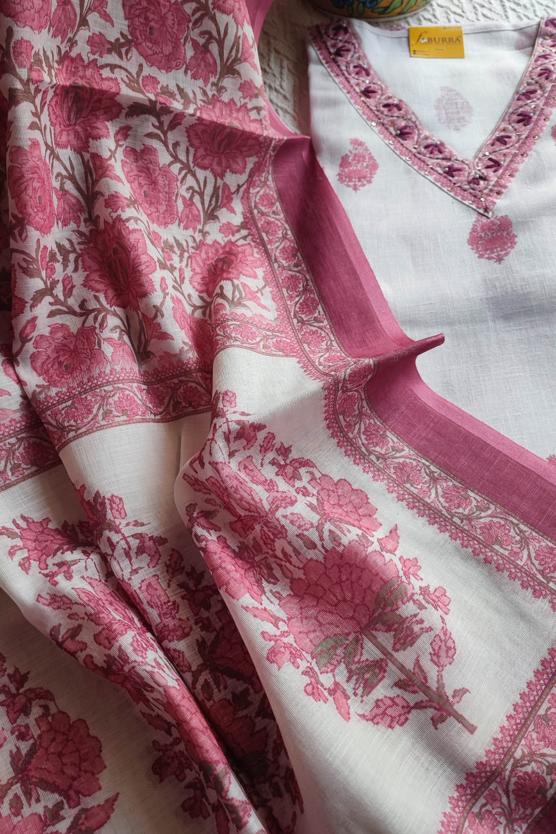 White cotton Suit Material with Pink Floral Print & Cotton Dupatta