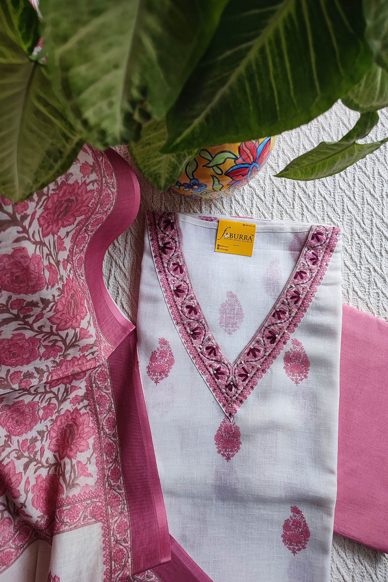White cotton Suit Material with Pink Floral Print & Cotton Dupatta