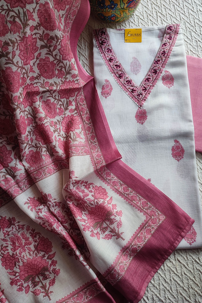 White cotton Suit Material with Pink Floral Print & Cotton Dupatta