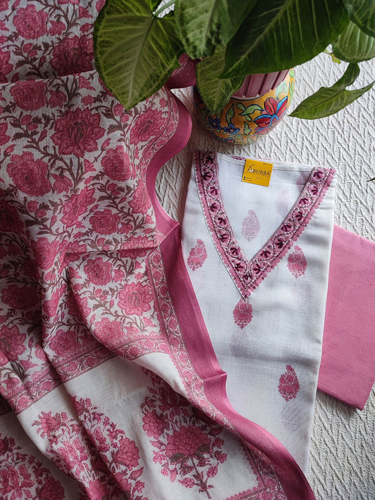 White cotton Suit Material with Pink Floral Print & Cotton Dupatta