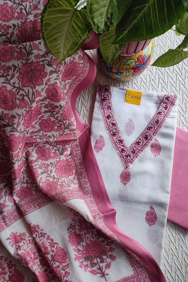 White cotton Suit Material with Pink Floral Print & Cotton Dupatta