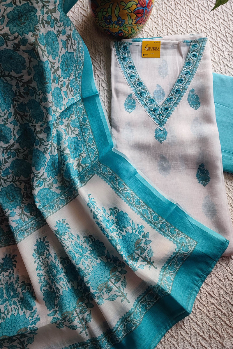 White cotton  Suit Material with Turquoise Floral Print & Cotton Dupatta