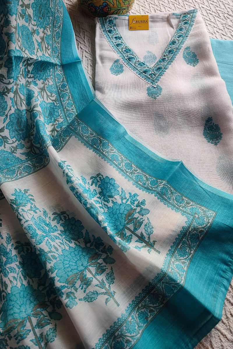 White cotton  Suit Material with Turquoise Floral Print & Cotton Dupatta