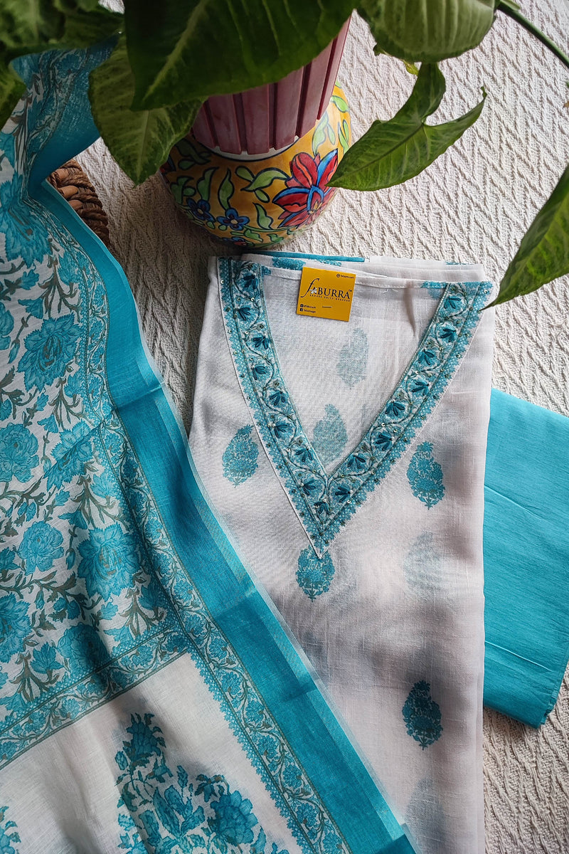 White cotton  Suit Material with Turquoise Floral Print & Cotton Dupatta