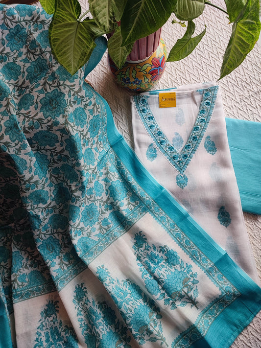 White cotton  Suit Material with Turquoise Floral Print & Cotton Dupatta