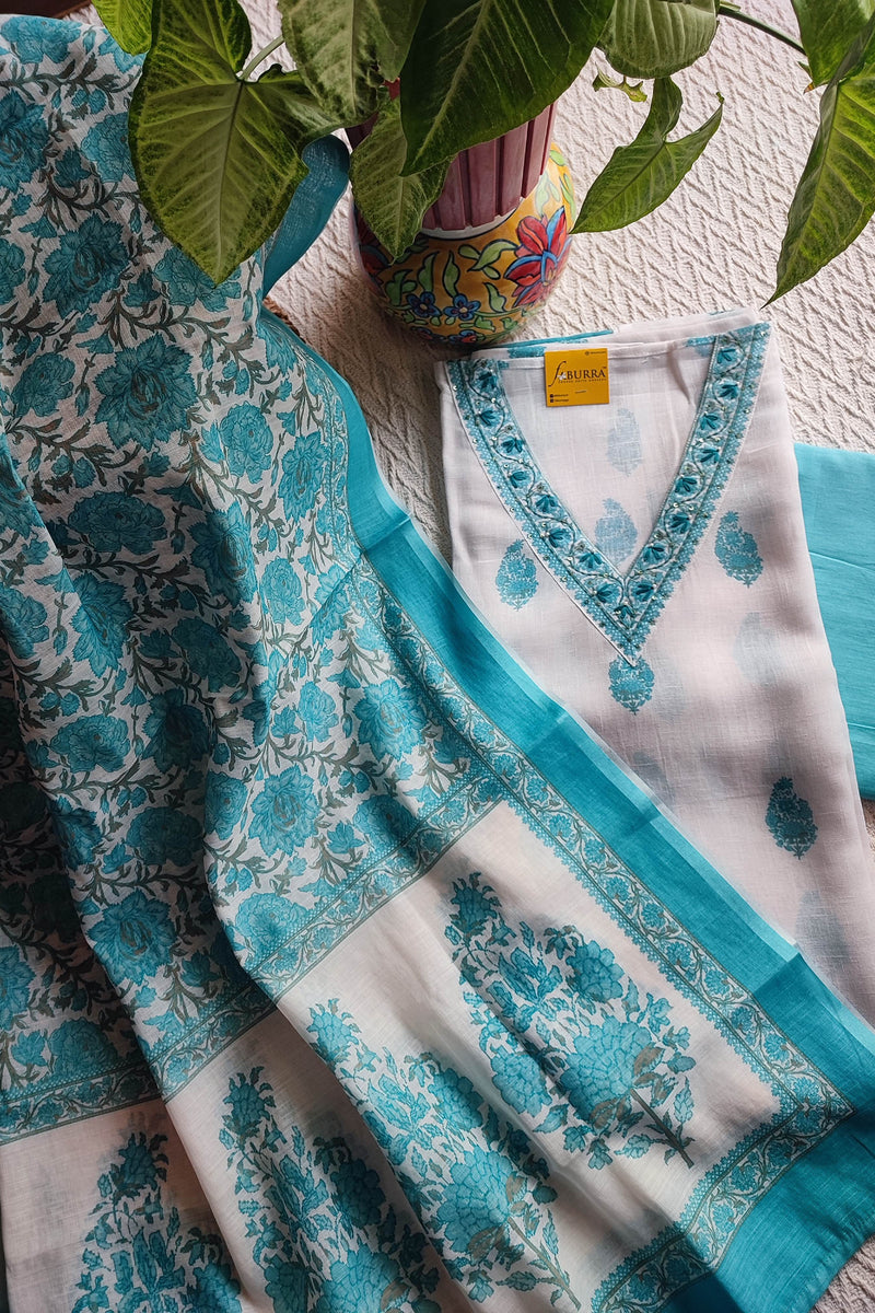 White cotton  Suit Material with Turquoise Floral Print & Cotton Dupatta