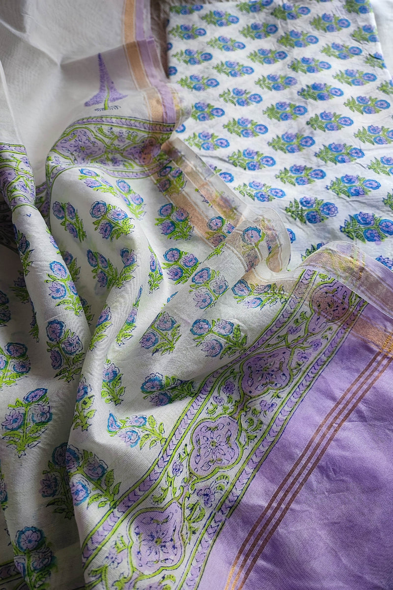 White Chanderi Silk Suit Material with Lavender Floral Print & Cotton Dupatta