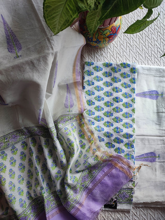 White Chanderi Silk Suit Material with Lavender Floral Print & Cotton Dupatta