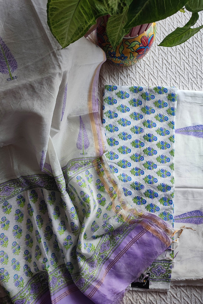 White Chanderi Silk Suit Material with Lavender Floral Print & Cotton Dupatta
