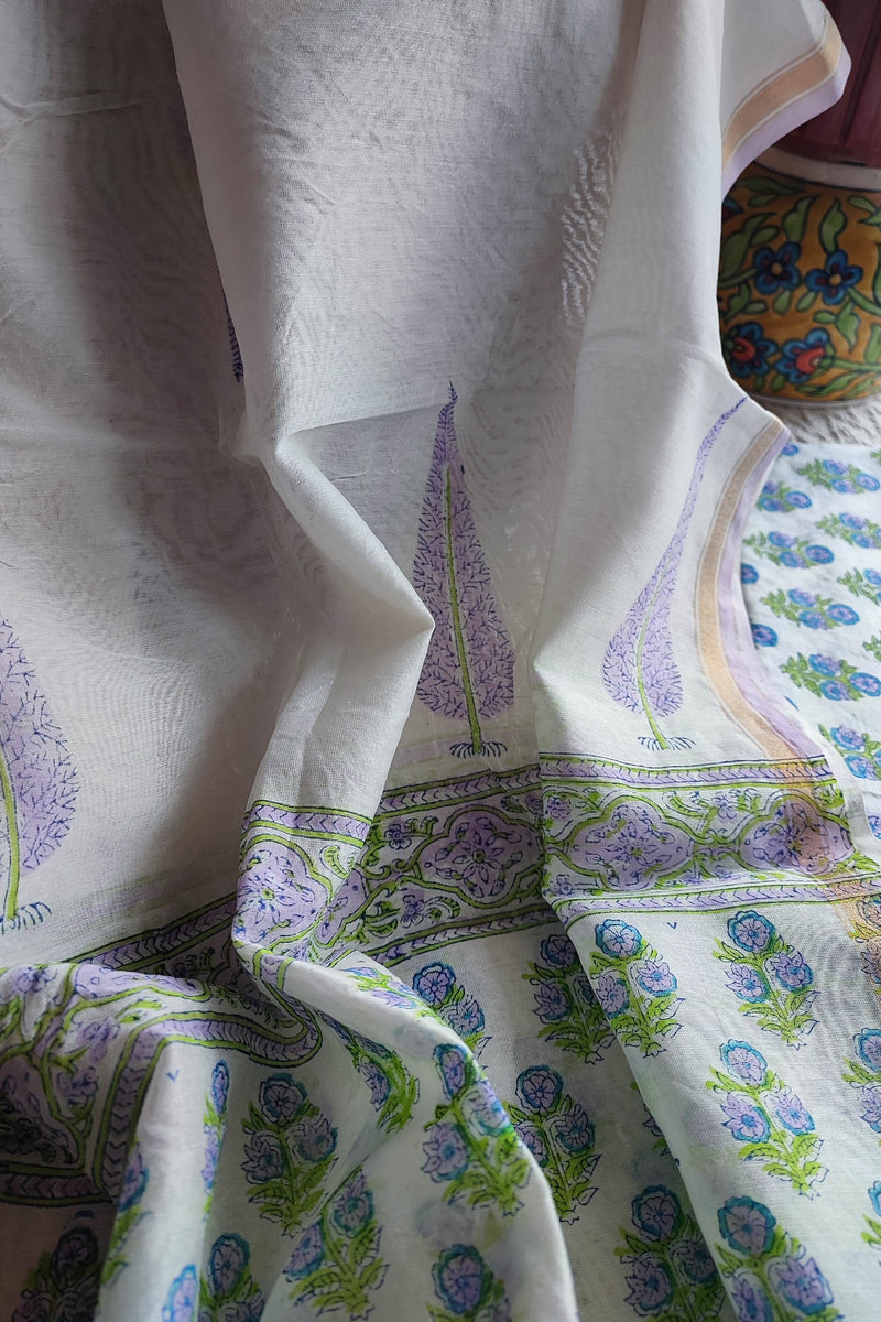 White Chanderi Silk Suit Material with Lavender Floral Print & Cotton Dupatta