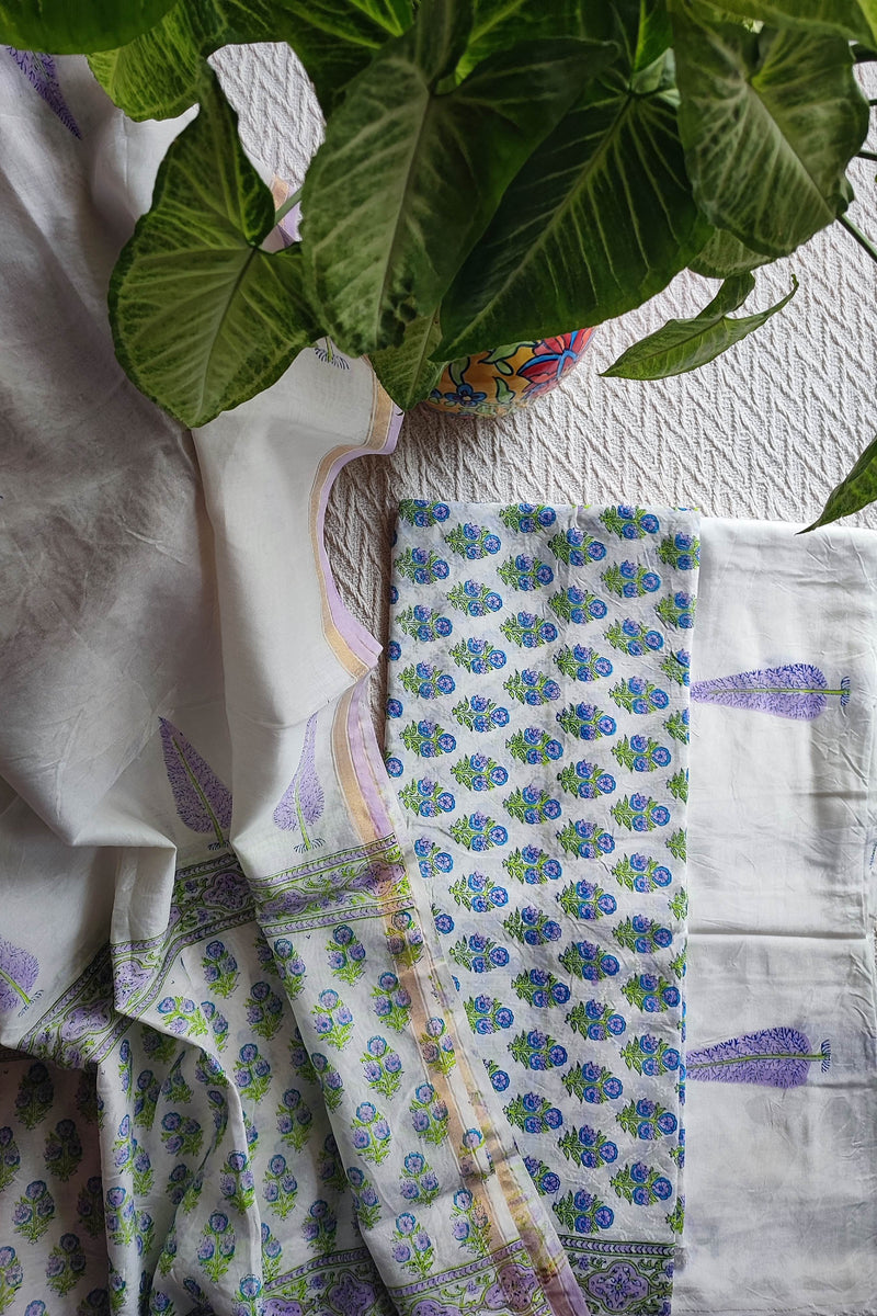 White Chanderi Silk Suit Material with Lavender Floral Print & Cotton Dupatta