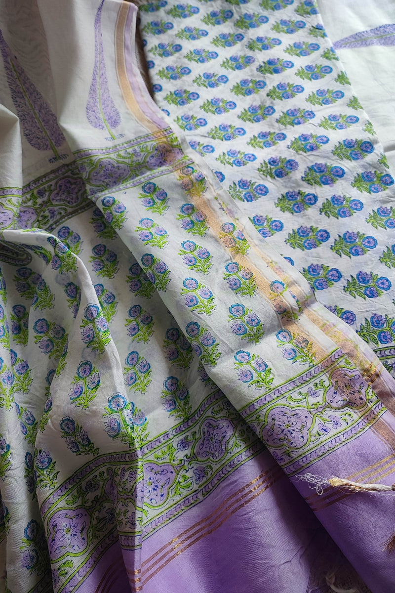 White Chanderi Silk Suit Material with Lavender Floral Print & Cotton Dupatta