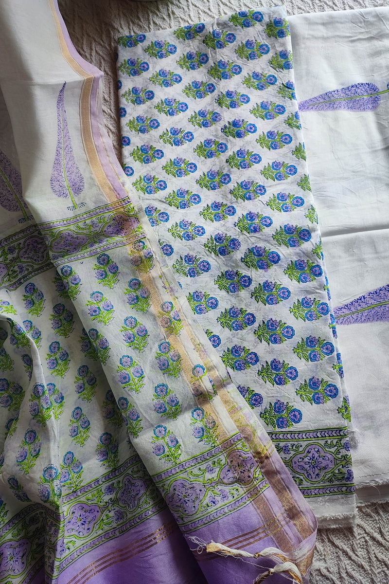 White Chanderi Silk Suit Material with Lavender Floral Print & Cotton Dupatta