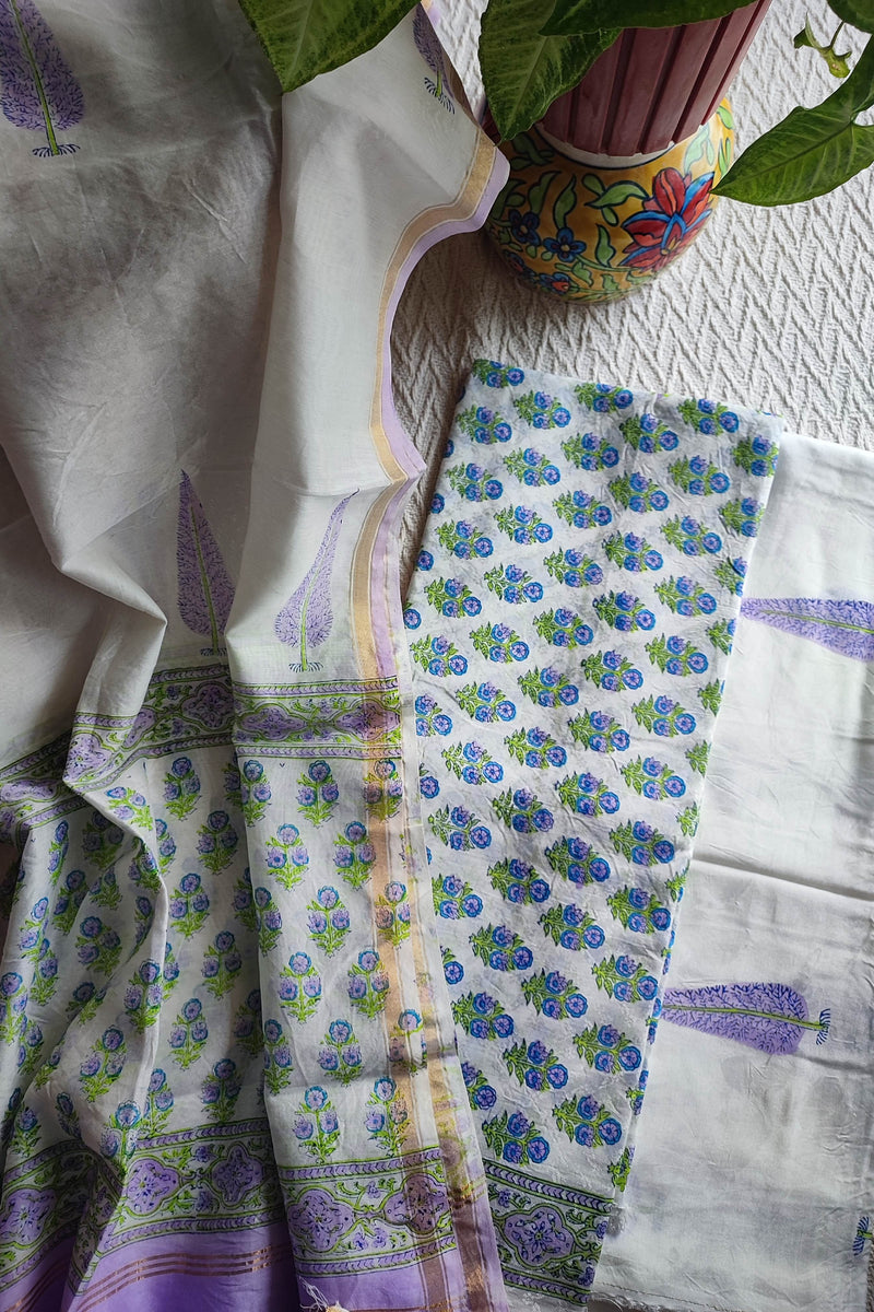 White Chanderi Silk Suit Material with Lavender Floral Print & Cotton Dupatta