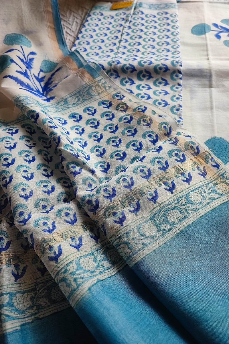 White Chanderi Silk Suit Material with Blue Botanical Print & Cotton Dupatta
