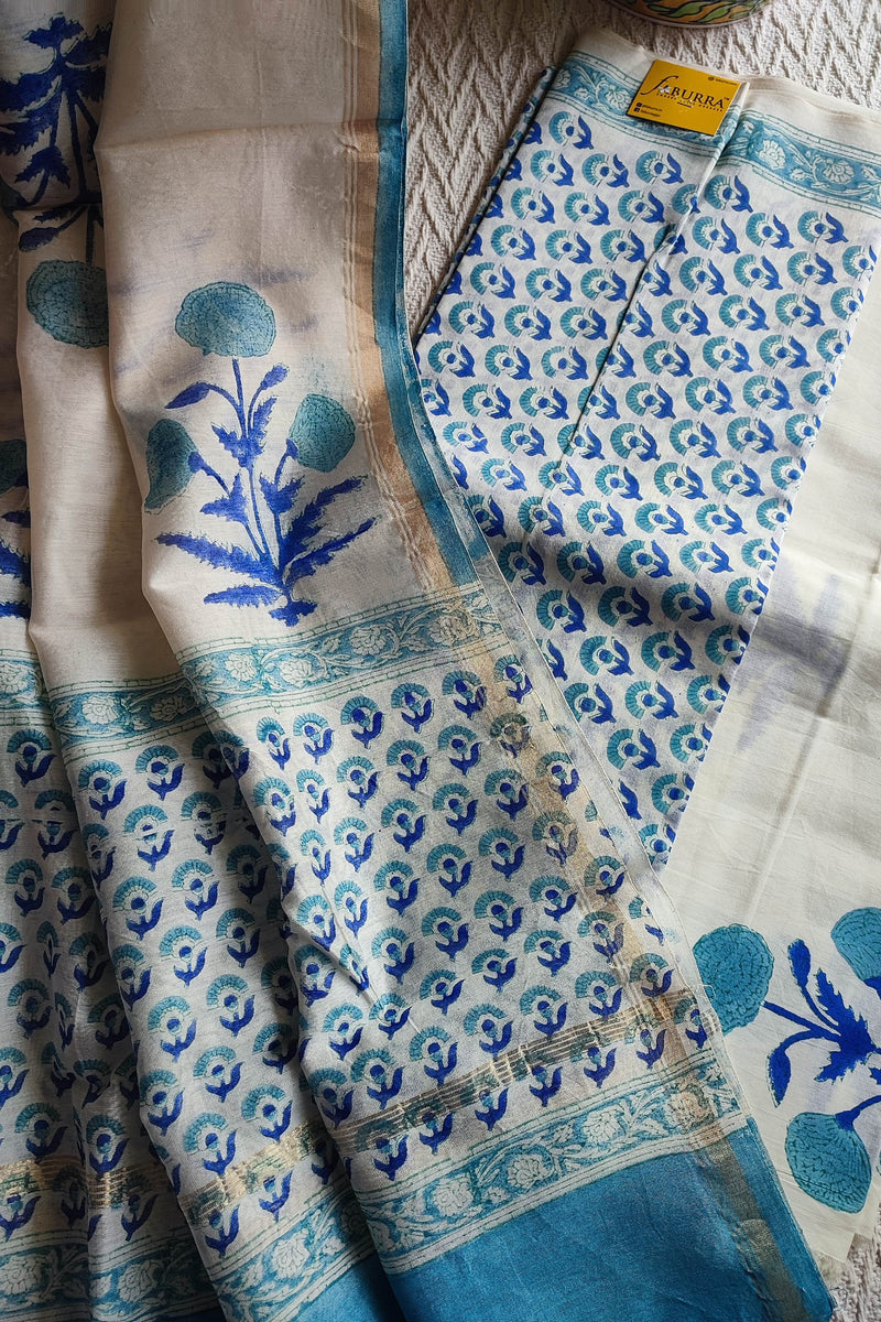 White Chanderi Silk Suit Material with Blue Botanical Print & Cotton Dupatta